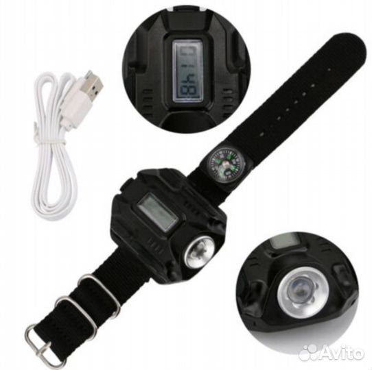 Фонарик наручный компас, часы, USB