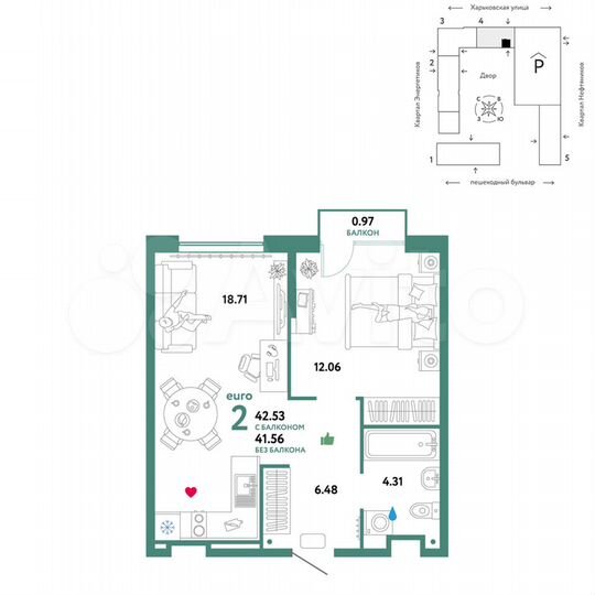 2-к. квартира, 42,5 м², 6/25 эт.