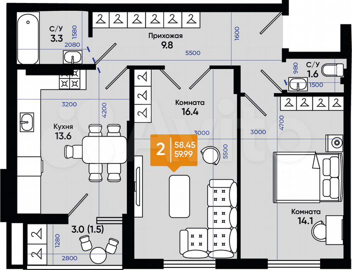 2-к. квартира, 60 м², 2/9 эт.