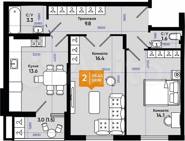2-к. квартира, 60 м², 2/9 эт.