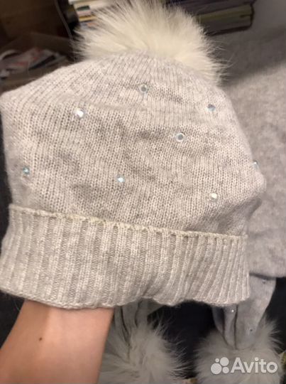 Кашемировые шапка и шарф серые (+ красная)