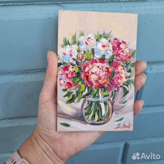 Пионы картина маслом натюрморт с цветами 10х15