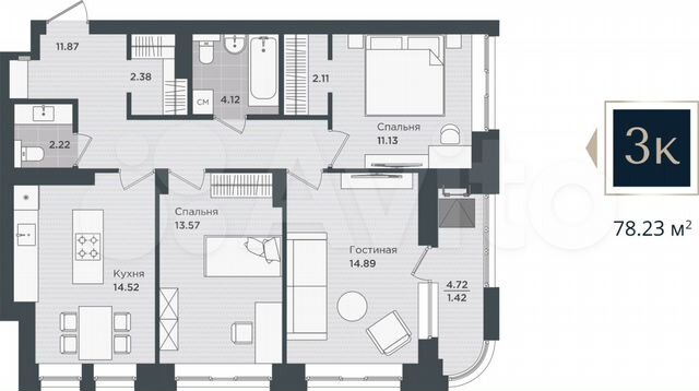 3-к. квартира, 78,2 м², 7/24 эт.