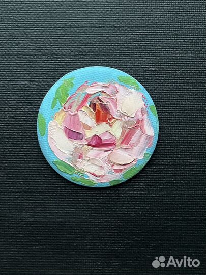 Картина значок брош розы пионы маслом на холсте