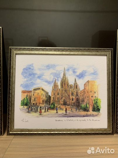 Акварели с видами Барселоны в рамках