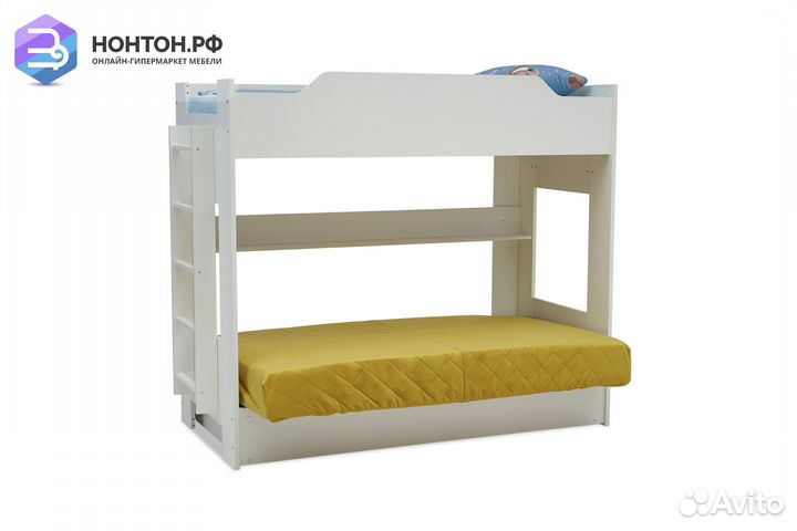 Двухъярусная кровать с диван-кроватью желтый / бел