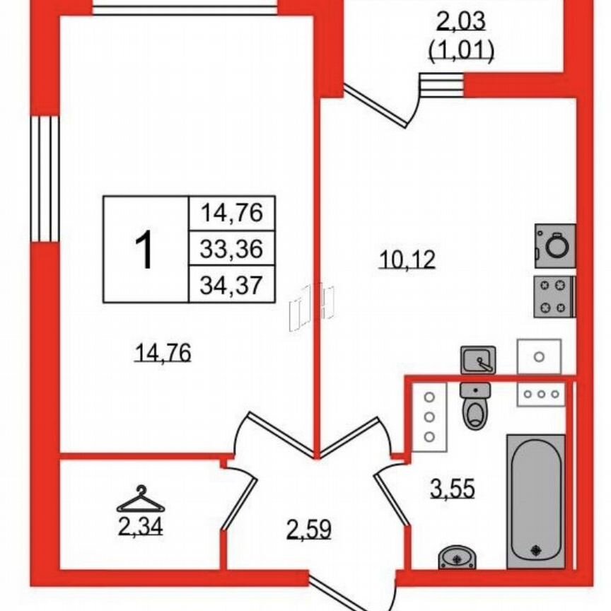 1-к. квартира, 34,4 м², 13/19 эт.