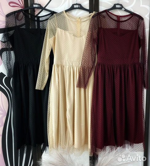 Новое бордовое платье миди в горошек