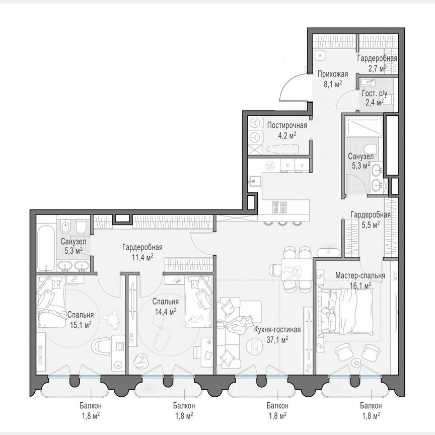 3-к. квартира, 129,8 м², 8/13 эт.