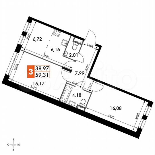 3-к. апартаменты, 59,3 м², 9/15 эт.