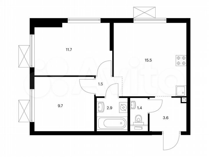 2-к. квартира, 46,3 м², 6/25 эт.