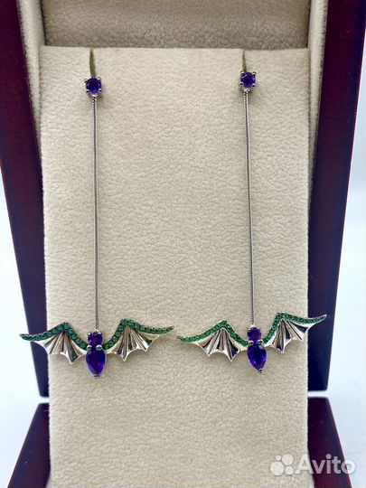 Серебряные серьги с натур Аметистами и фианитами