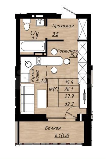 Квартира-студия, 27,9 м², 1/16 эт.
