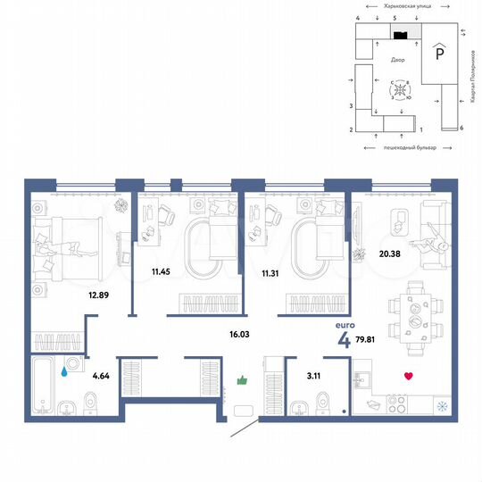 4-к. квартира, 79,8 м², 10/25 эт.