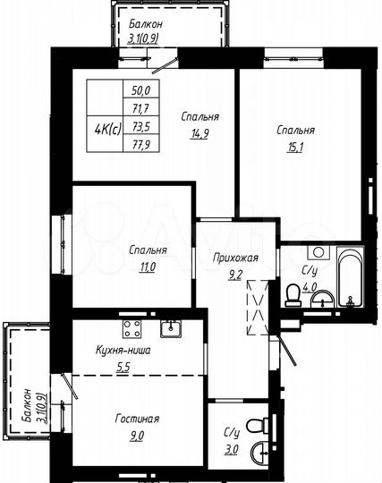 4-к. квартира, 73,5 м², 6/16 эт.