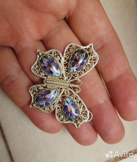 Брошь финифть, серебрение, эмаль