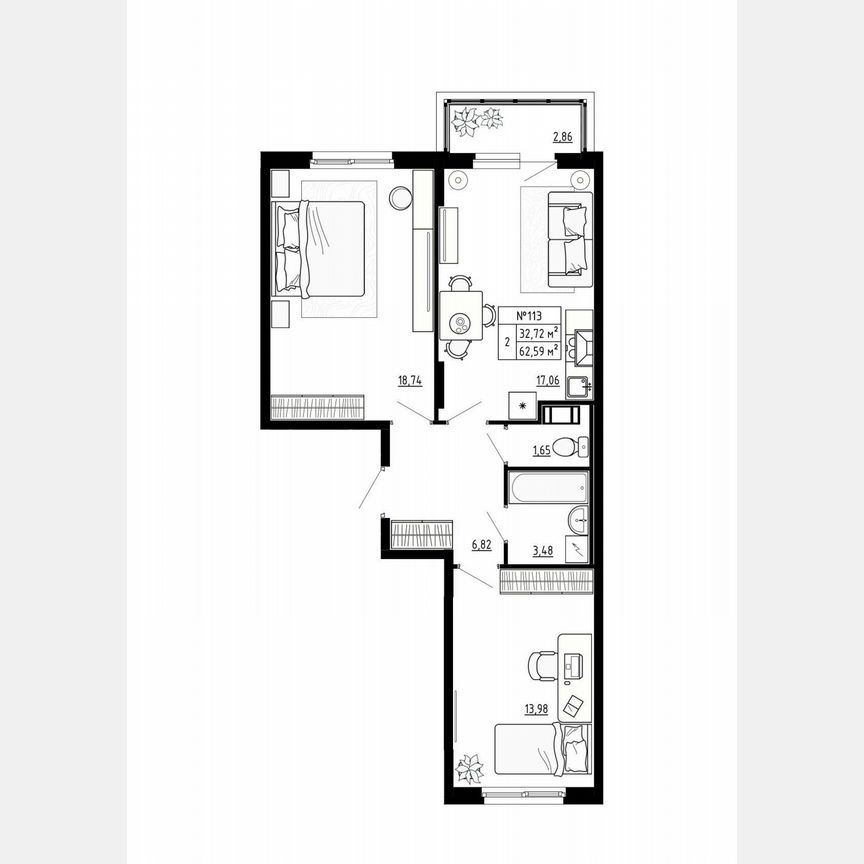 2-к. квартира, 62,6 м², 4/4 эт.