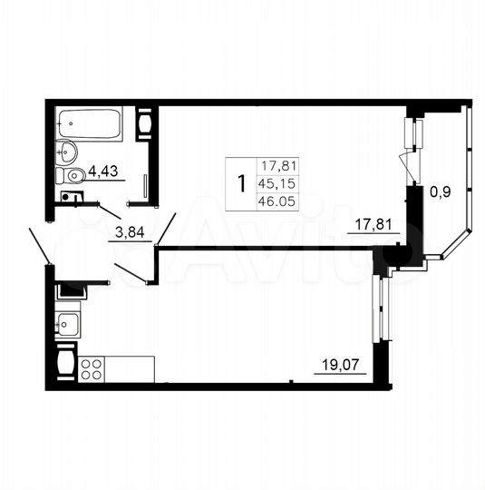 1-к. квартира, 46,1 м², 5/12 эт.