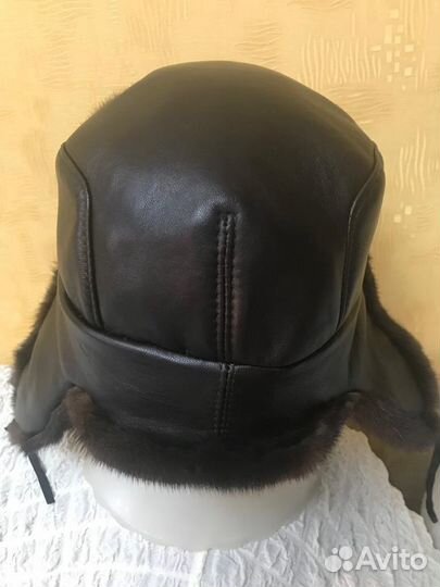 Ушанка комби кожа с норкой. Кожа коричневая италия