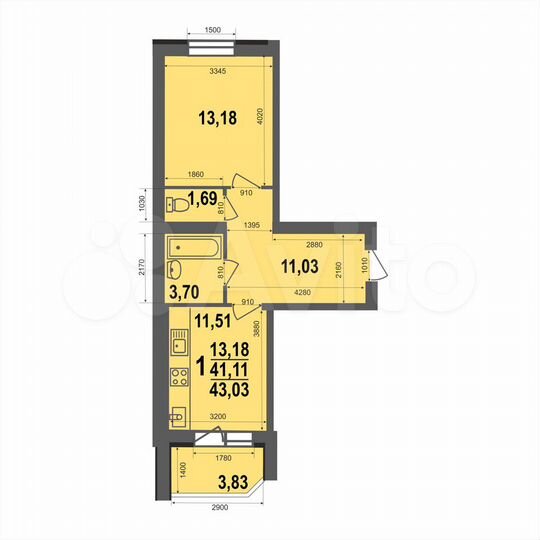 1-к. квартира, 43 м², 1/5 эт.