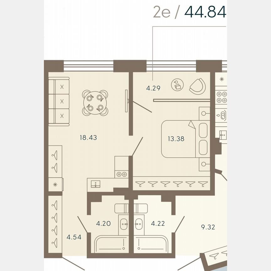 1-к. апартаменты, 45 м², 4/8 эт.