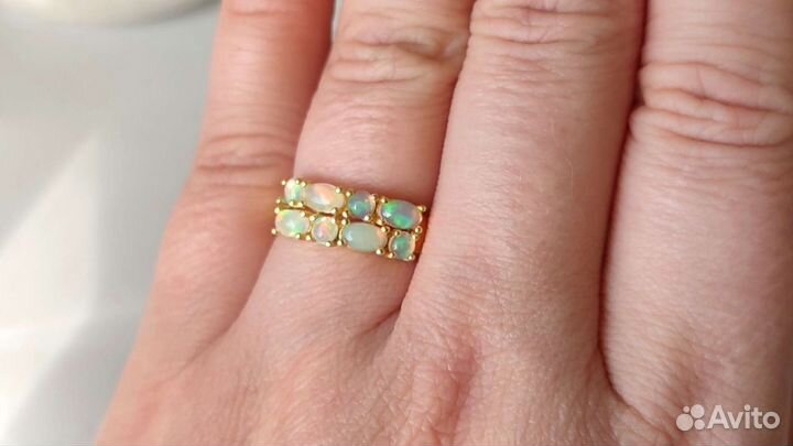 Кольцо с природными опалами, 17,5разм, 925/585