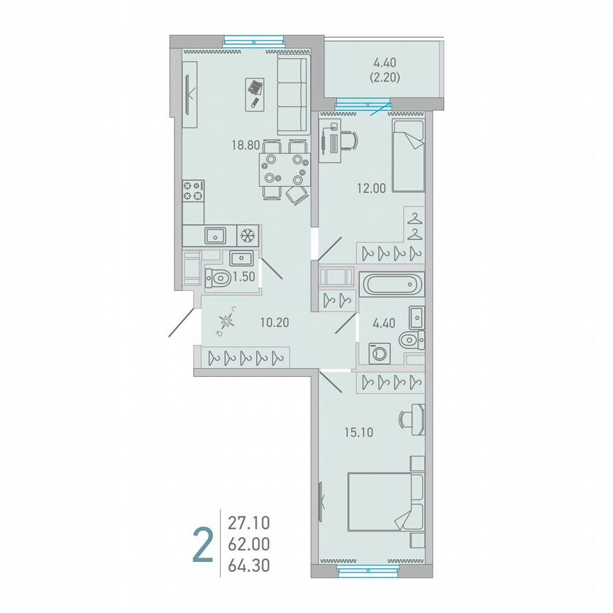 2-к. квартира, 64,3 м², 11/17 эт.