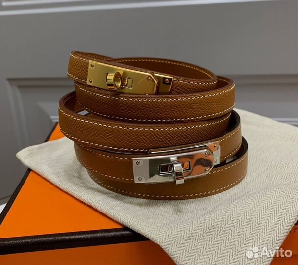 Ремень женский кожаный тонкий Hermes коричневый