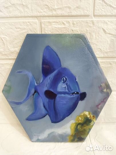 Картина маслом Рыба с подвесом 22х22 см