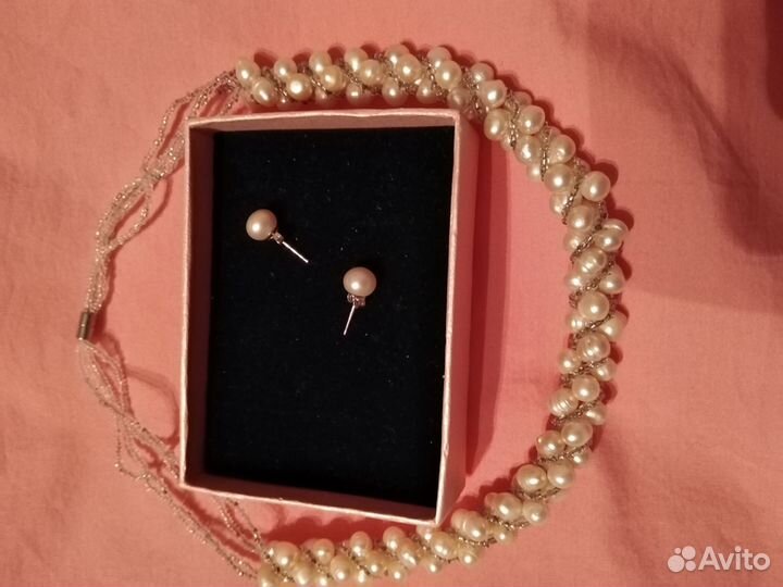 Колье + серьги из натурального жемчуга