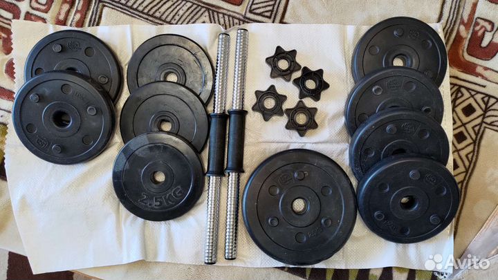 Два грифа для гантелей и спортивные блины