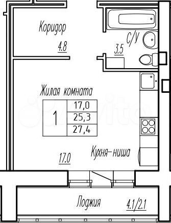 Квартира-студия, 25,3 м², 4/9 эт.