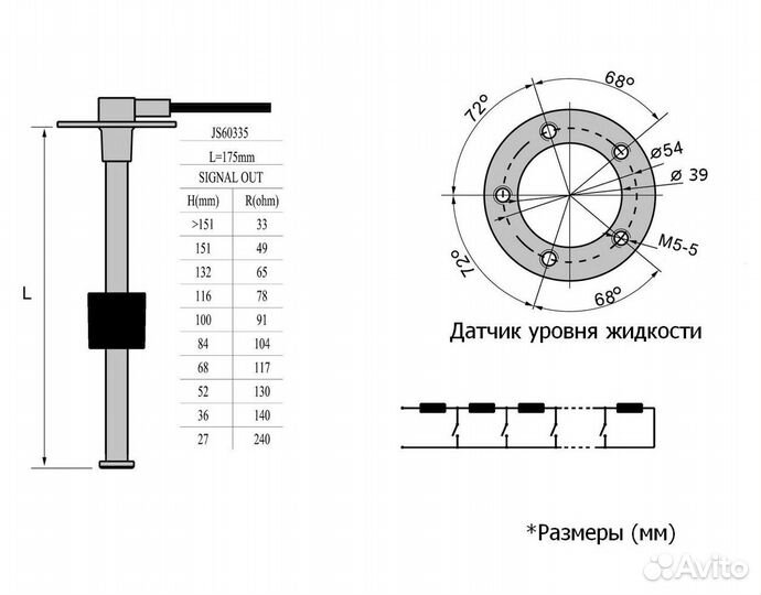 Датчик уровня 175 мм, 240-33 Ом (US), нержавеющий