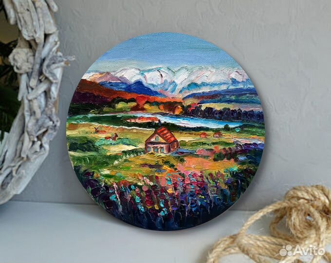 Картина маслом В горах холст круглый20 см на 20 см