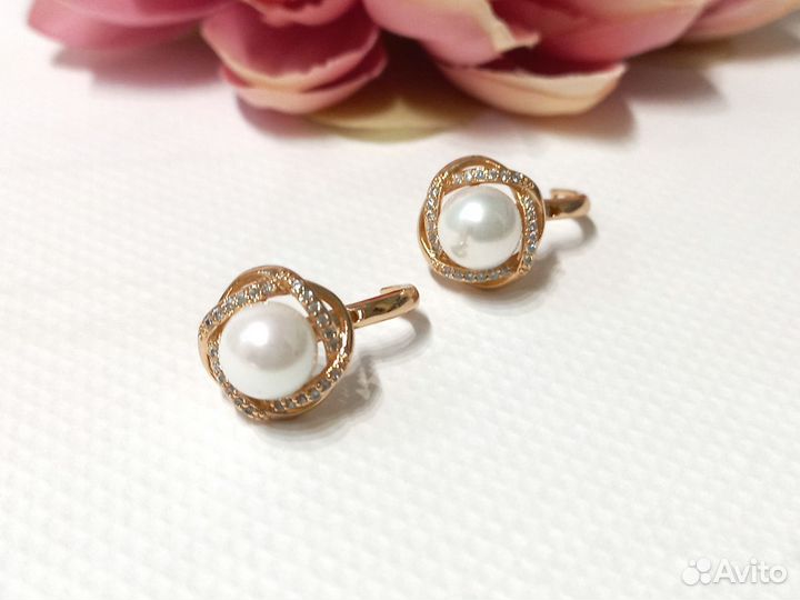 Серьги под золото с жемчугом и цирконами, медсплав