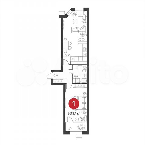 1-к. квартира, 53,2 м², 8/23 эт.