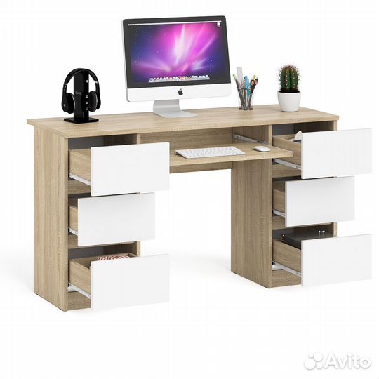 Компьютерный стол с двумя тумбами Мори мс-2, цвет дуб сонома/белый, шхгхв 135,4х50х76,6 см