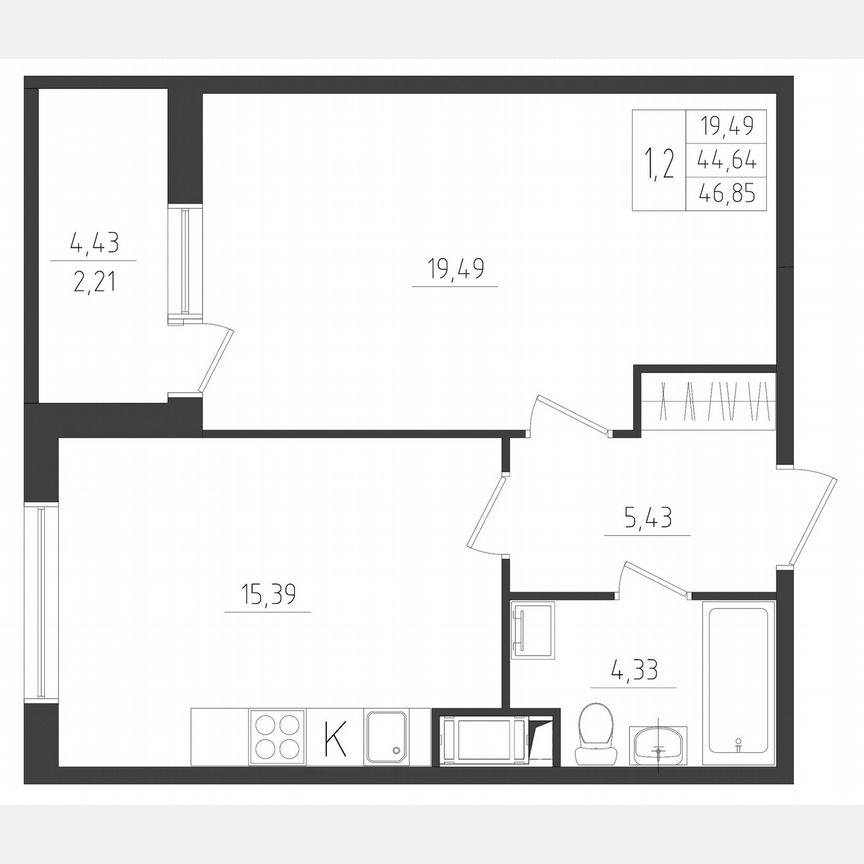 2-к. квартира, 46,9 м², 4/8 эт.
