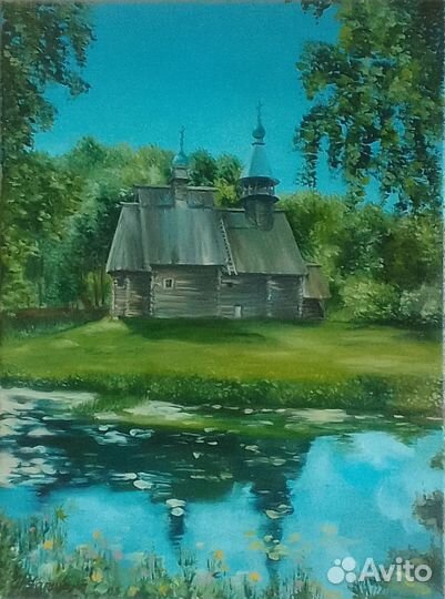 Картина маслом «Деревянная церковь в лесу»