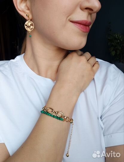 Браслет и серьги с натуральным малахитом