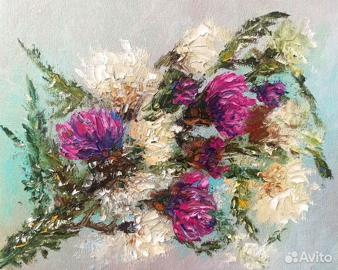 Картина маслом Чертополох Полевые цветы Пейзаж