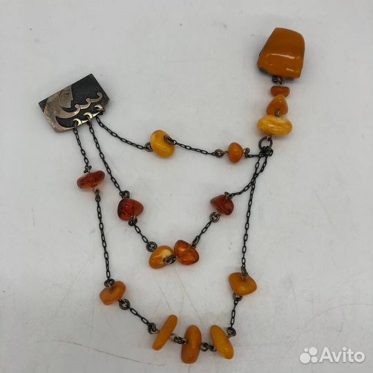 Старинная серебряная брошь с янтарем, 875 проба