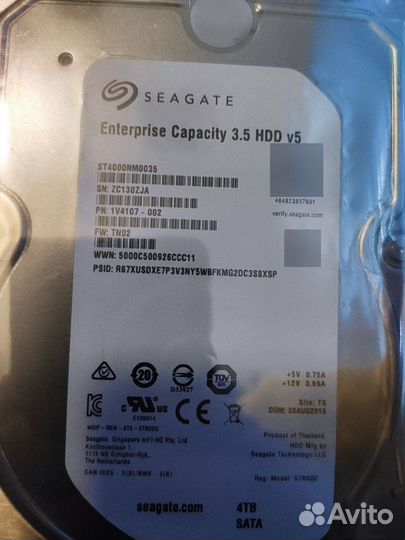 Seagate Exos ST4000NM0035, 4тб, HDD, SATA III, 3.5