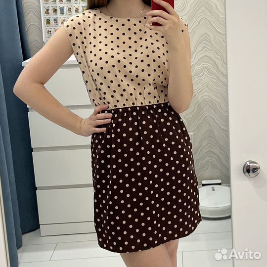 Платье женское бежевое в горошек