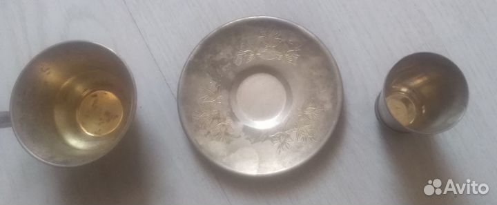 Чашка с блюдцем и стопкой из мельхиора