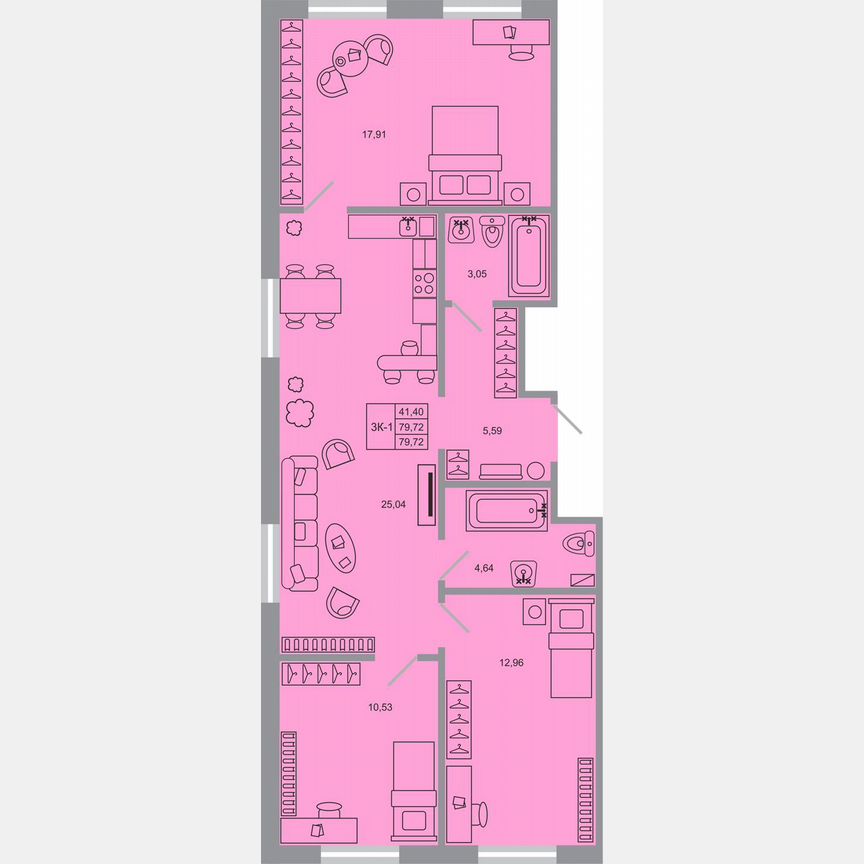 3-к. квартира, 79,7 м², 2/17 эт.