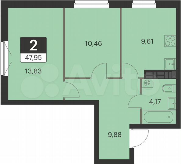 2-к. квартира, 48 м², 10/15 эт.
