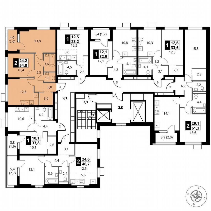 2-к. квартира, 54,8 м², 11/16 эт.