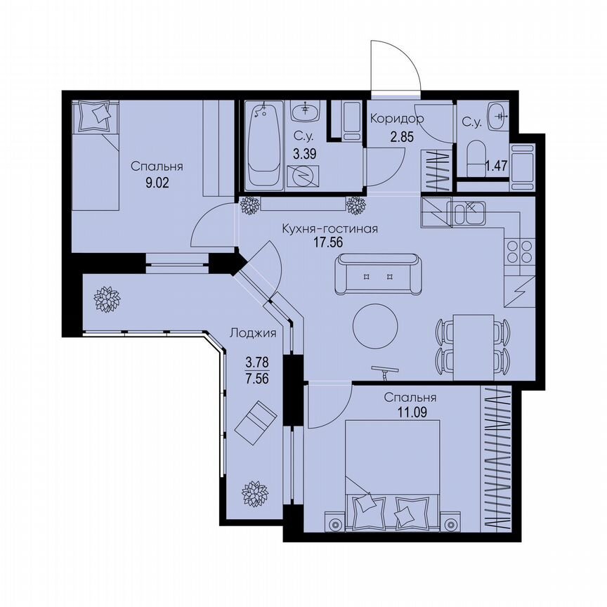 2-к. квартира, 49,2 м², 7/9 эт.