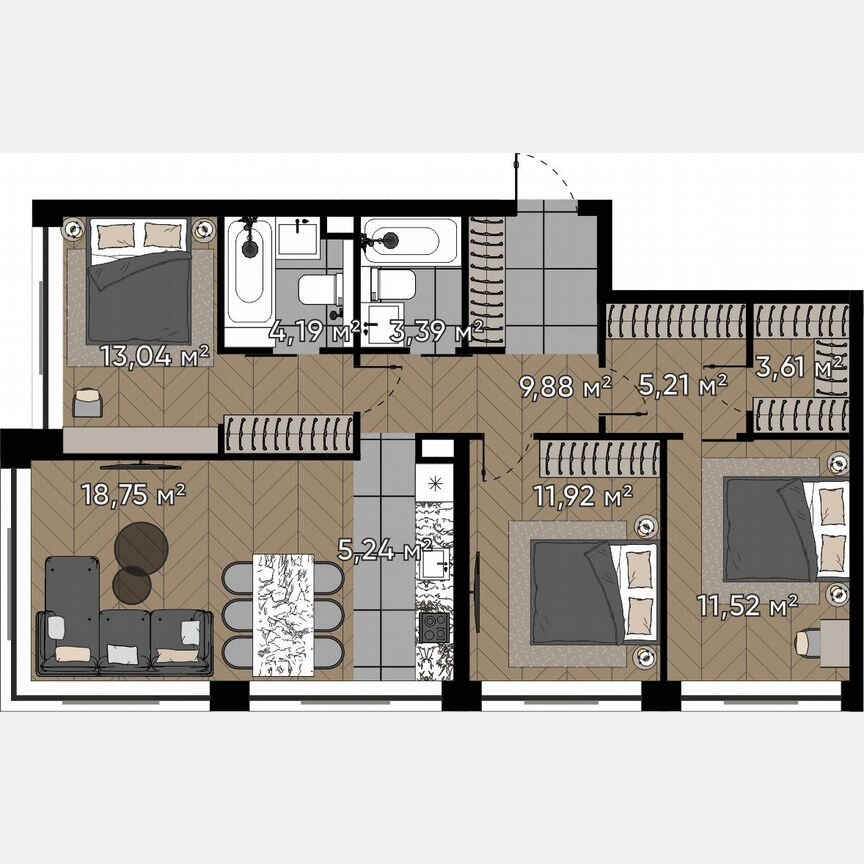 4-к. квартира, 86,8 м², 13/20 эт.